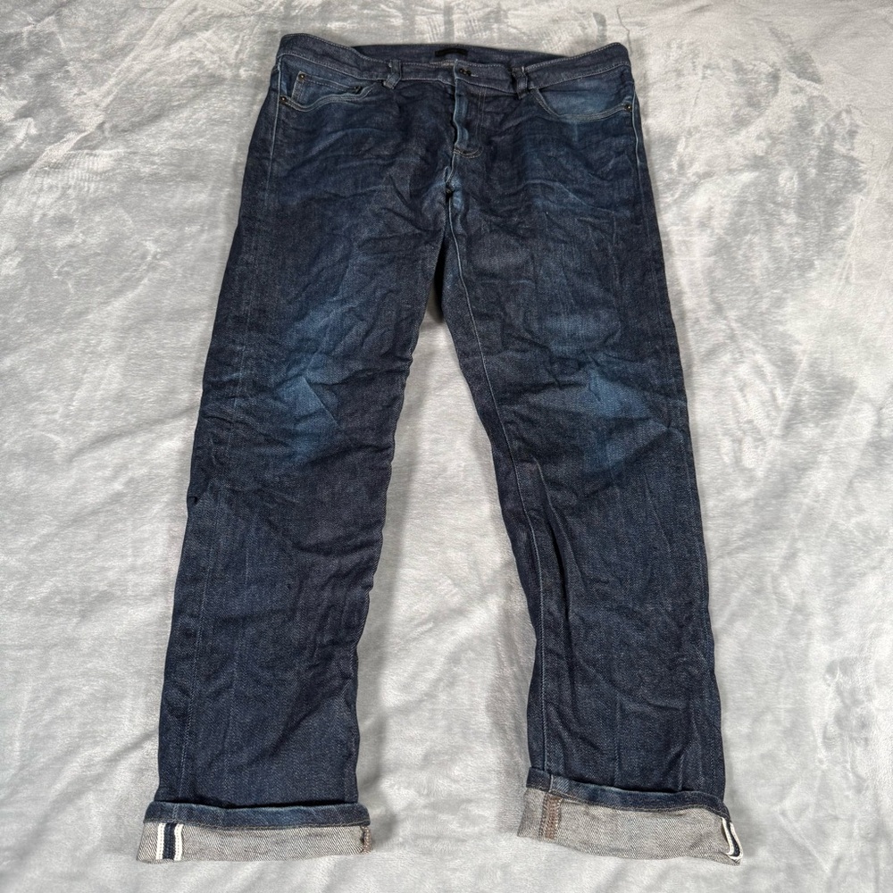 Uniqlo Selvedge Jeans Mens 35x32 (Fits 35x29) Skinny Slim Fit Faded Dark Wash